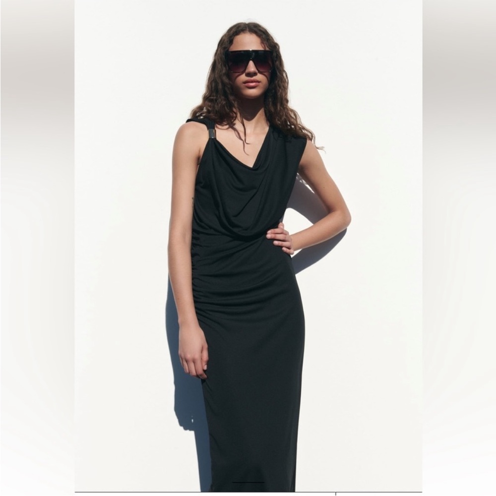 Zara trimmed drape neck dress with gold accent. BNWT